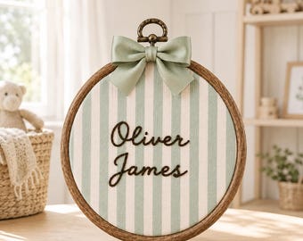 Personalized Baby Boy Ornament, Custom Name Embroidery Hoop, Striped Nursery Decor, Newborn Keepsake, Baby Shower Gift