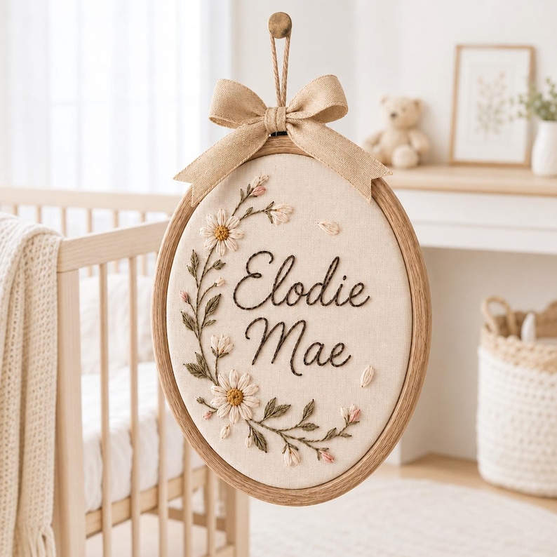 May include: An oval wooden embroidery hoop containing cream-colored fabric with the embroidered name Elodie Mae in dark brown script. A floral vine with white daisies and pink buds curves along the left side. A tan burlap bow hangs from the top.