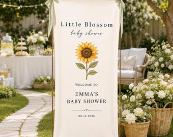 Personalized Sunflower Baby Shower Tapestry, Little Blossom Welcome Sign, Custom Name Fabric Banner, Garden Party Backdrop
