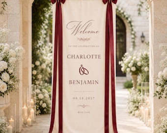 Tapiz de boda personalizado, letrero de bienvenida de tela personalizado, telón de fondo para la ceremonia con cinta burdeos, elegante decoración para la recepción.