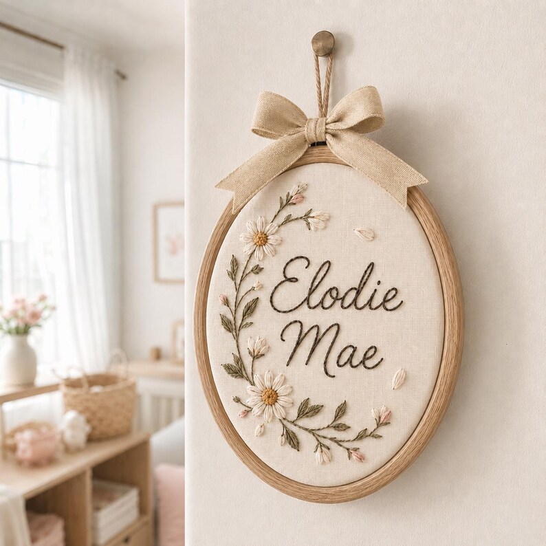 May include: An oval wooden embroidery hoop containing cream-colored fabric with the embroidered name Elodie Mae in dark brown script. A floral wreath of white daisies, green leaves, and small pink buds surrounds the name. A tan ribbon bow hangs from the top.