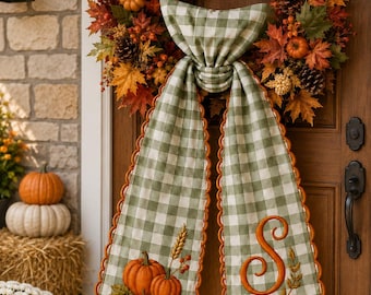 Banda personalizada para corona de otoño, lazo monograma de calabaza a cuadros verde salvia, decoración para la puerta principal de Acción de Gracias, detalle para el porche de otoño