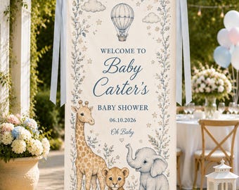 Tapiz personalizado de bienvenida para baby shower, pancarta de lino con animales de safari, fondo personalizado para la habitación del bebé, decoración para fiesta de la jungla, celebración del recién nacido.