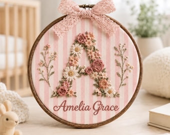 Personalized Baby Girl Ornament, Floral Initial Embroidery Hoop, Custom Baby Name Nursery Decor, Newborn Keepsake Gift