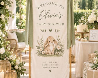 Personalized Baby Shower Banner, Bunny Theme Welcome Sign, Green Floral Party Decoration, Rush Custom Available