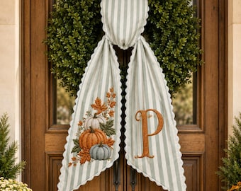 Banda bordada personalizada de otoño, decoración de lazo de corona otoñal, adorno colgante de puerta con monograma personalizado, detalle para el porche delantero en Acción de Gracias