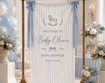 Tapiz personalizado para baby shower con caballito mecedor, letrero azul de bienvenida para niño, pancarta de tela con nombre personalizado, telón de fondo a rayas para fiestas.