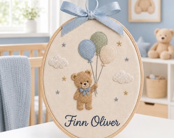 Personalized Baby Boy Ornament, Teddy Bear Balloon Embroidery Hoop, Custom Baby Name Nursery Decor, Newborn Keepsake Gift