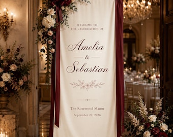 Personalized Burgundy Wedding Welcome Banner, Custom Couple Names Date Fabric Sign, Elegant Floral Reception Entrance Backdrop Decor