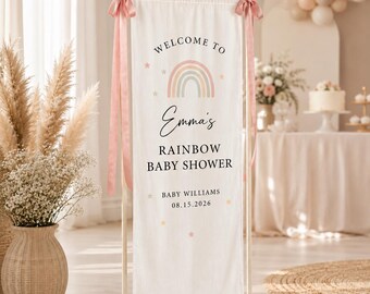 Banner de bienvenida personalizado para baby shower, decoración de cuarto infantil con arcoíris, telón de fondo personalizado para eventos con nombre, letrero minimalista para fiestas, servicio de personalización urgente disponible.