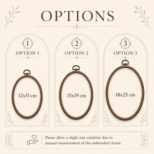 May include: Three oval embroidery frames with dark brown wood grain patterns and bronze-colored hanging hardware. Option 1 measures 12x15 cm, Option 2 measures 15x19 cm, and Option 3 measures 18x25 cm. The text OPTIONS and labels for each size are visible.