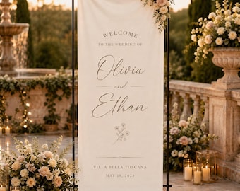 Tapiz de boda personalizado en Toscana, cartel de bienvenida personalizado para la pareja, elegante pancarta de tela, servicio de personalización urgente disponible.