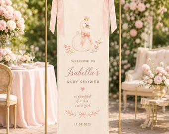Tapiz personalizado de cisne para baby shower, letrero de bienvenida para niña, pancarta de tela con nombre personalizado, fondo para fiesta con lazo rosa, decoración elegante para la entrada.
