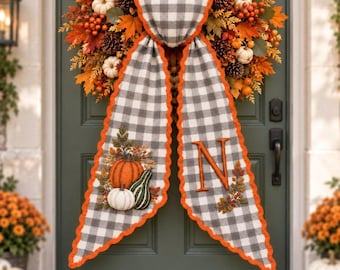 Personalized Embroidered Wreath Sash, Fall Pumpkin Door, Custom Monogram Ribbon, Autumn Front Door Decoration, Thanksgiving Home Accent