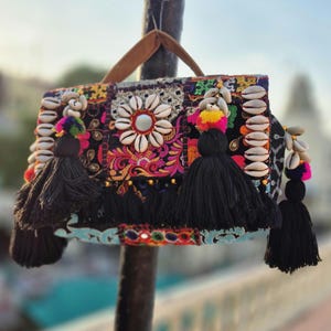 Handmade Boho Patchwork Bag, Embroidered Sling Shoulder Tote, Shell Work Tassels