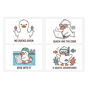 Leuke stickervellen met woordspelingen over eenden | programmeren, zwemmen, duiken, geen eenden gegeven
