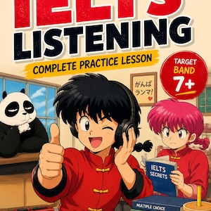Op de afbeelding: Een IELTS Listening studieboek cover met anime-stijl personages. Een centraal figuur draagt een koptelefoon en steekt een duim op. Een panda, een tweede figuur met een IELTS Secrets boek, een rode cassettespeler en een stapel boeken zijn zichtbaar.