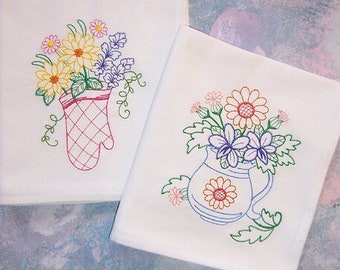 Embroidered Set of Kitchen Towels with Floral Pitcher and Floral Oven Mitt