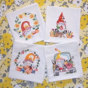 Fall Harvest Gnomes Embroidered Set of Four Different Designs on Flour Sack Towels