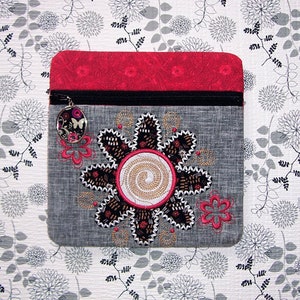 Applique Flower bordado en tela gris Bolsa grande con cremallera