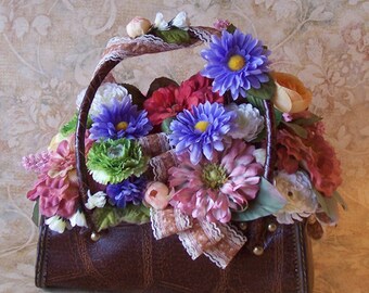 Colorful Floral Arrangement in a Faux Leather Purse Planter