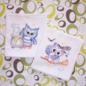 Whimsical Halloween Owls Set of two different Embroidered Designs on Flour Sack Towels