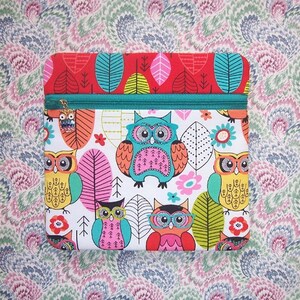 Whimsical Colorful Owl Fabric Large Zipper Pouch