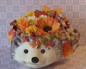Unique One of a Kind Hedgehog Fall Floral Arrangement with mini orange fairy lights