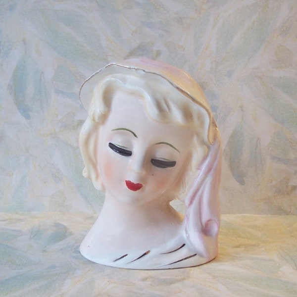 RARE!! Vintage Lady Head Vase with Hat and Scarf Nippon