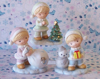 Adorable Vintage 1980’s Homco Children with Christmas Tree, Bag of Gifts and Snowman