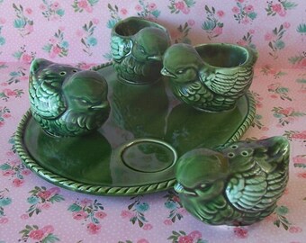 Rare! Vintage Green Ceramic Chick Breakfast Tray with Salt and Pepper Shakers and Two Egg Holders Made in Japan