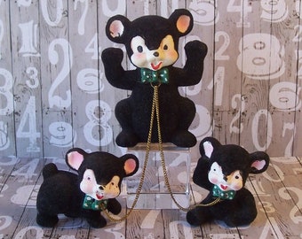 RARE!! Vintage 1950's Flocked Bear Family Figurines attached by a Chain Made in Japan