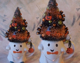 Unique Mini Tabletop Decorated Halloween Tree in a Cute Ghost Cup with Orange LED Lights