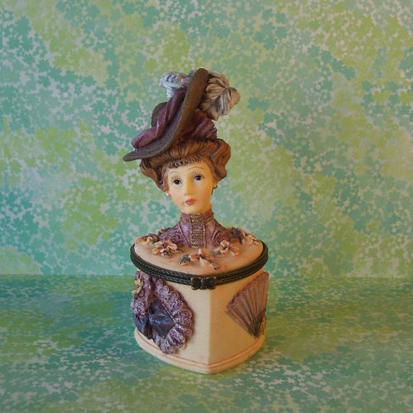 Vintage Old Fashioned Victorian Lady Hinged Trinket Box Ring Box Resin