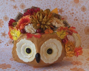 Unique One of a Kind Owl Fall Floral Arrangement with Orange Fairy Lights