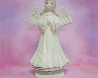 Vintage Sankyo Musical Rotating Ivory Angel Figurine plays Silent Night