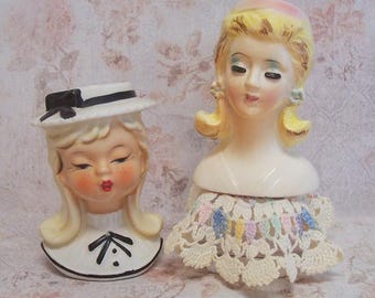 1950s Mini Lady Head vases YOUR CHOICE of Girl from Bradley Exclusives with Black Trim OR Blonde girl with Pink Band