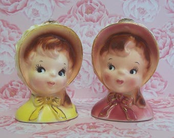 1950s Mini Enesco "Golden Girl" head vase porcelain planter Wearing an Old Fashioned Bonnet YOUR CHOICE Yellow or Pink