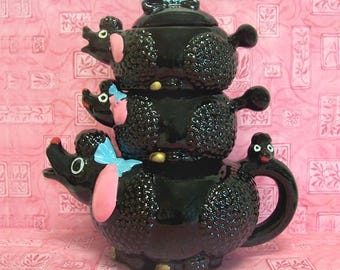 Rare Redware Stacking Black Poodle Teapot Creamer and Sugar Bowl Tea Set Tea for One Japan