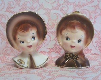 1950s Mini Enesco "Golden Girl" head vase planter YOUR CHOICE OF Girl with Large White Split Collar or Girl with Brown Bow
