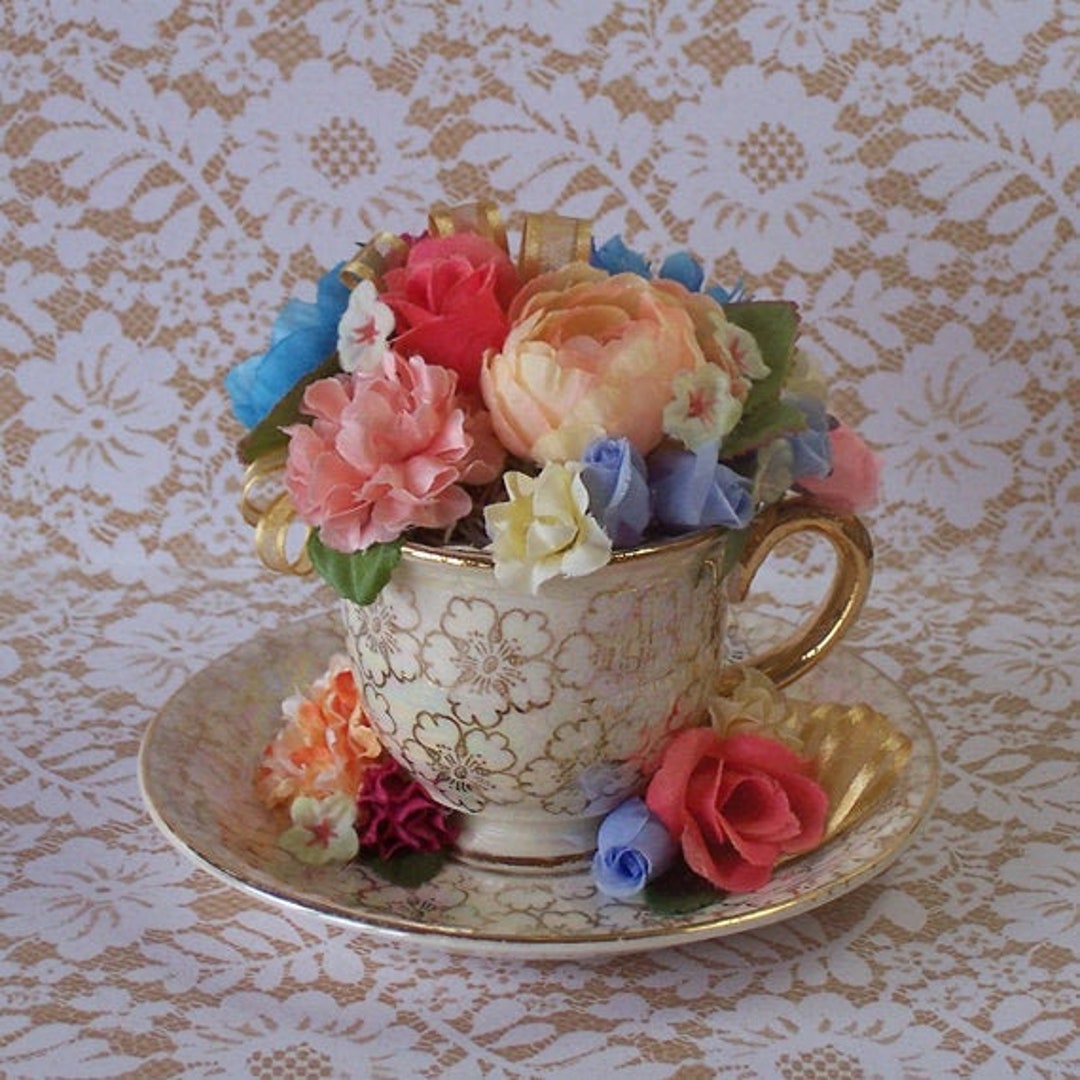 Mini Fancy Gold Trimmed Teacup and Saucer Floral Arrangement - Etsy Canada