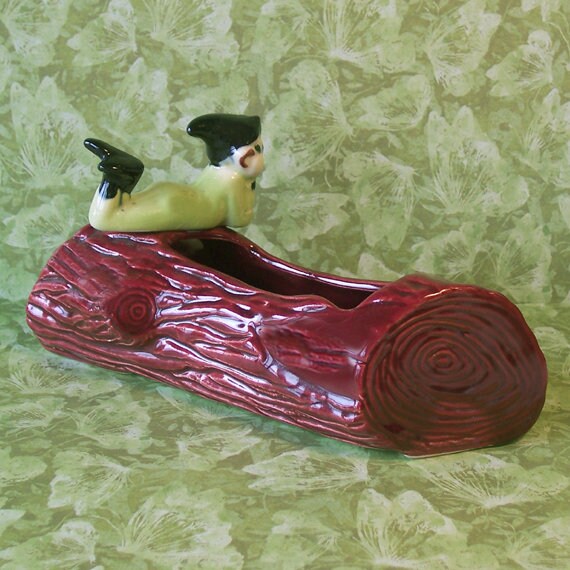 RARE!! Vintage Pixie Elf Figurine on Log Planter Hand Painted - Etsy