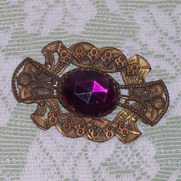 JUST REDUCED  Amethyst Glass Faceted Stone Brooch