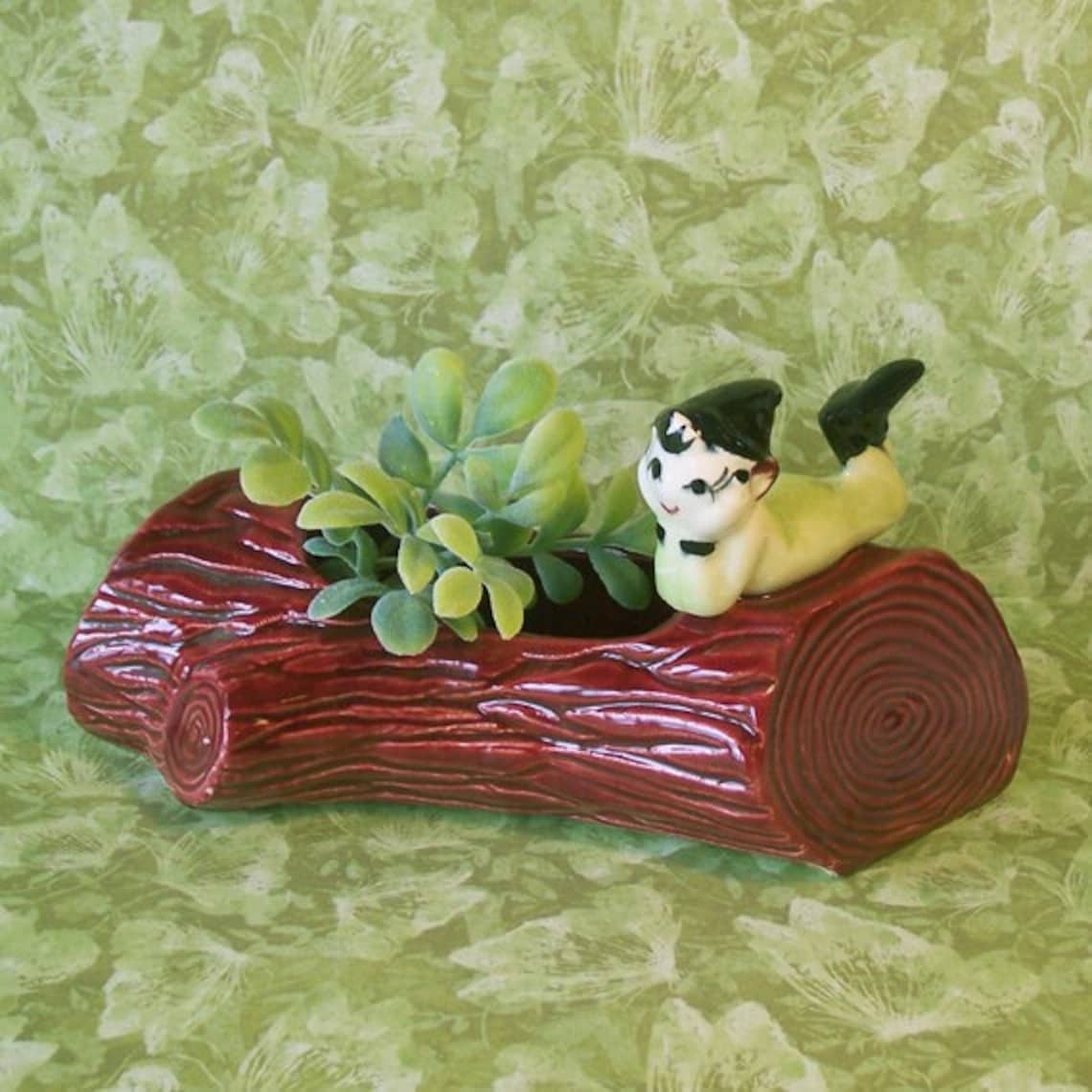 RARE!! Vintage Pixie Elf Figurine on Log Planter Hand Painted - Etsy