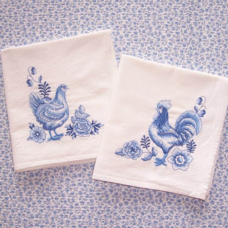 tea towel gift under 20 blue delft peacock and flowers Embroidered flour sack dish towel 