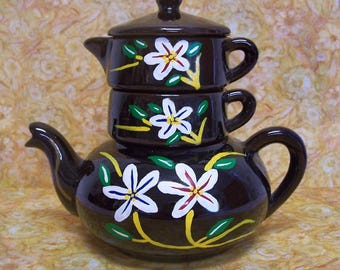Vintage Redware Stacking Oriental Rich Brown Hand Painted White Flower Teapot Creamer and Sugar Bowl Tea Set Tea for One Made in Japan