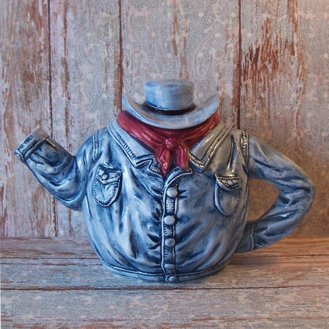 Vintage Decorative Cowboy Blue Jean Denim Jacket Teapot With a Red