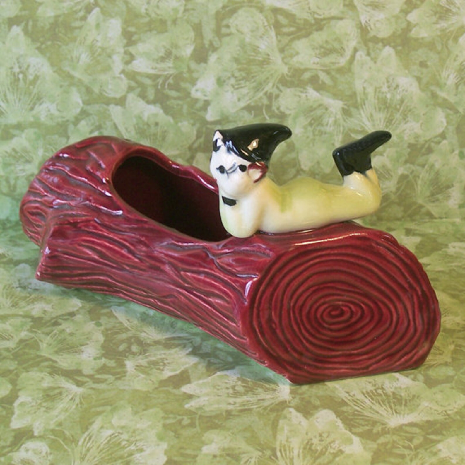 RARE!! Vintage Pixie Elf Figurine on Log Planter Hand Painted - Etsy