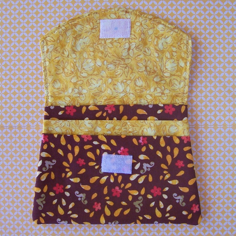 3 Pocket pouch with Embroidered Dragonflies on yellow floral fabric