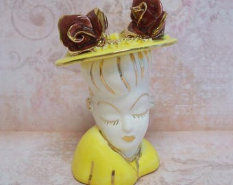 Vintage Glamour Girl Yellow Head Vase 1950s Japan